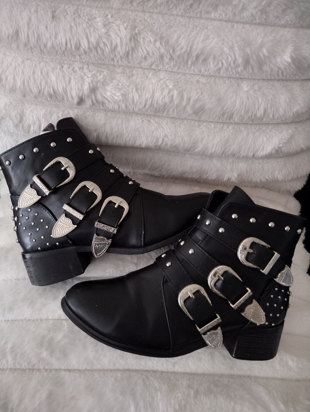 Vintage 1980's Black Boots, Studs & Bold Buckles With Straps "BAD" Era Style.